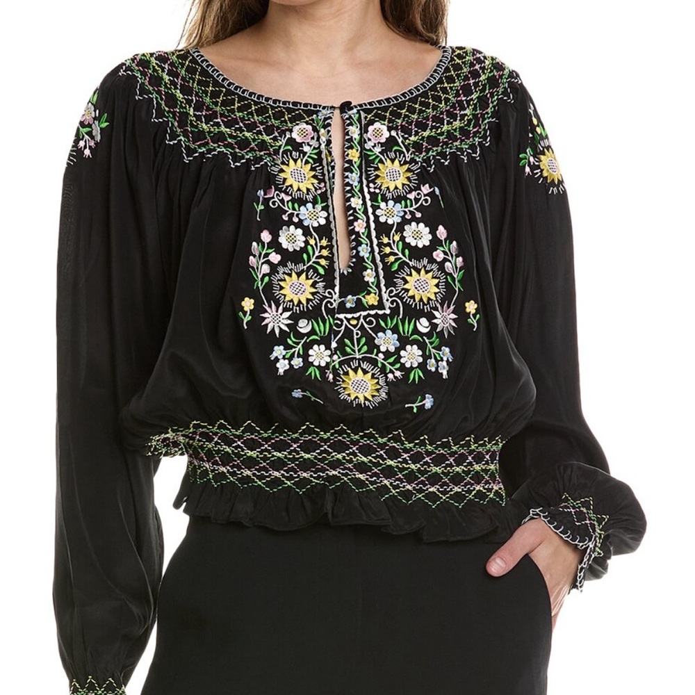 Norma Kamali Black Floral Embroidered Blouse